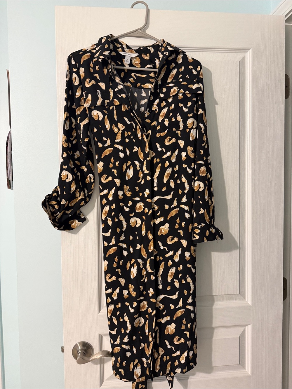 Nine West Black Shirt Dress with Gold and Cream Abstract Print